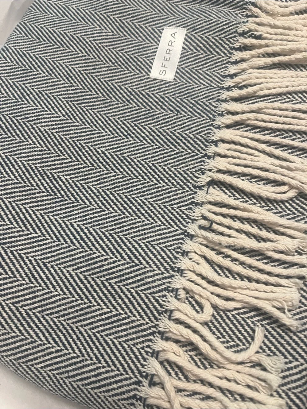 SFERRA NEW Celine Navy Herringbone Throw with Fringe 51